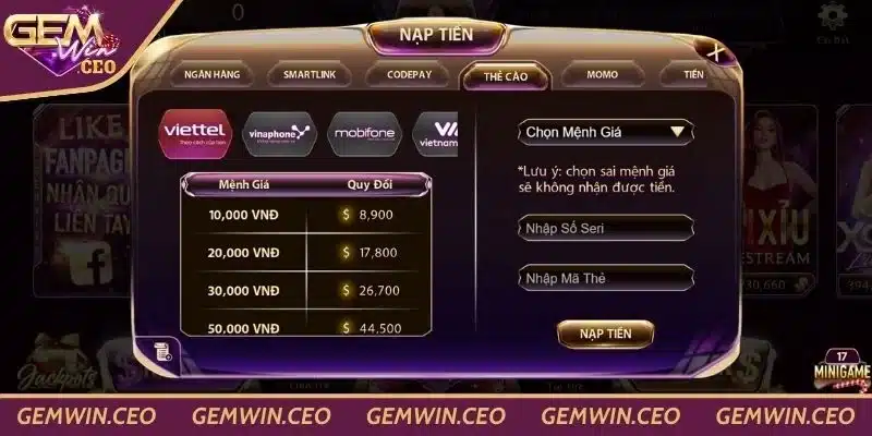 Đa dạng hình thức nạp tiền Gemwin để thực hiện